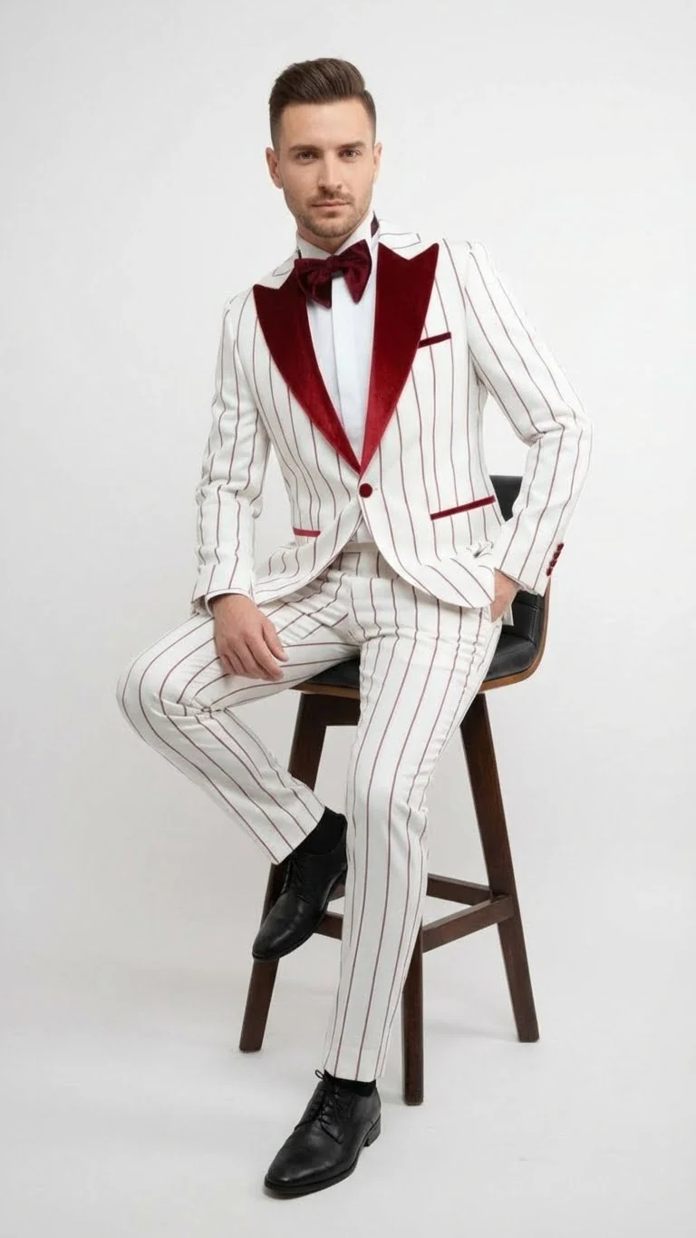 Men’s White and Dark Red Pinstripe Tuxedo with Velvet Shawl Lapel – Formal Dinner Blazer Prom Christmas New Year Holiday Suit - Image 5