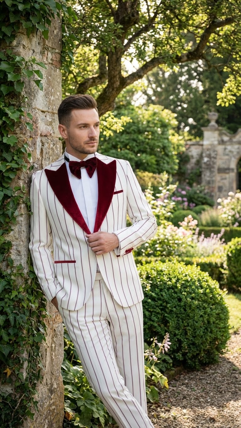 Men’s White and Dark Red Pinstripe Tuxedo with Velvet Shawl Lapel – Formal Dinner Blazer Prom Christmas New Year Holiday Suit - Image 6