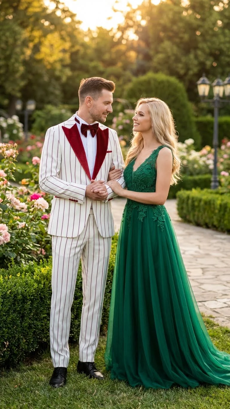 Men’s White and Dark Red Pinstripe Tuxedo with Velvet Shawl Lapel – Formal Dinner Blazer Prom Christmas New Year Holiday Suit - Image 7