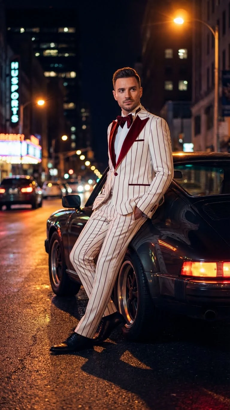 Men’s White and Dark Red Pinstripe Tuxedo with Velvet Shawl Lapel – Formal Dinner Blazer Prom Christmas New Year Holiday Suit - Image 8