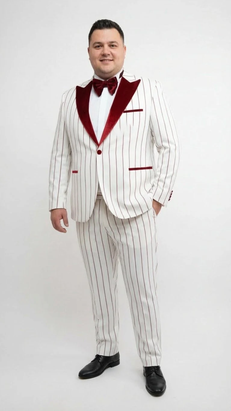 Men’s White and Dark Red Pinstripe Tuxedo with Velvet Shawl Lapel – Formal Dinner Blazer Prom Christmas New Year Holiday Suit - Image 9