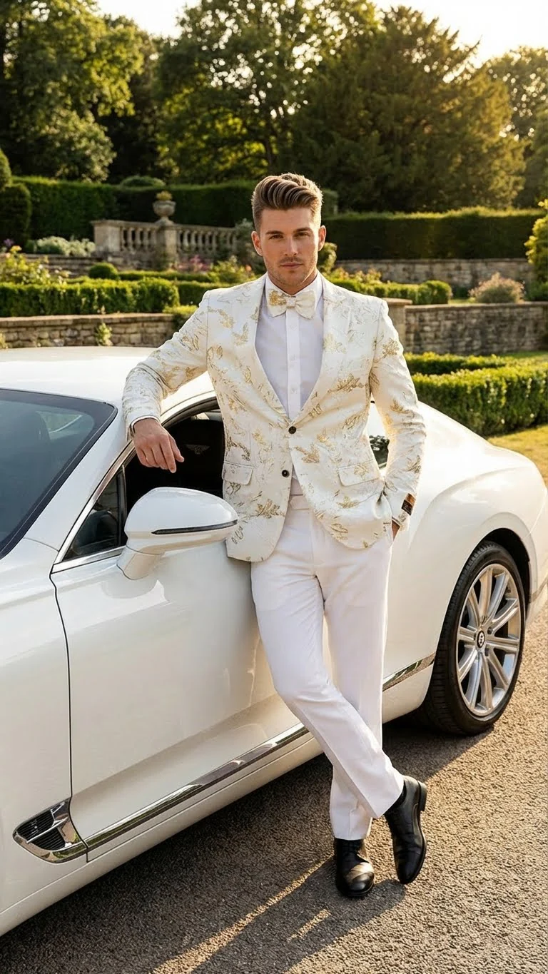 Men’s White and Gold Patterned Blazer – Paisley Floral Pattern Prom Wedding Suit Tuxedo Dinner Jacket + Bowtie - Image 10