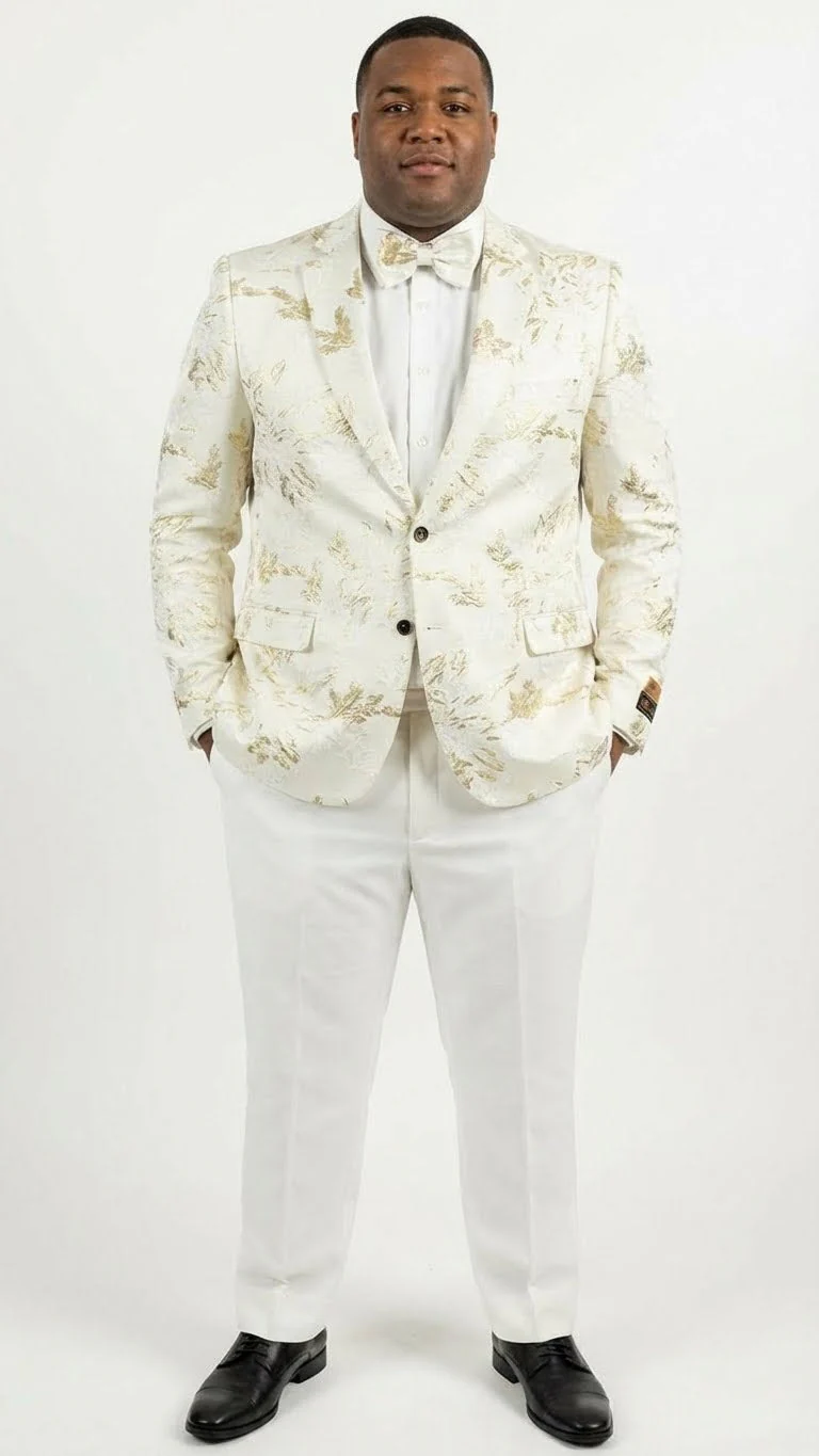 Men’s White and Gold Patterned Blazer – Paisley Floral Pattern Prom Wedding Suit Tuxedo Dinner Jacket + Bowtie - Image 11