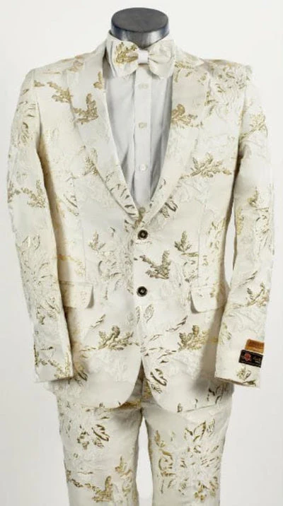Men’s White and Gold Patterned Blazer – Paisley Floral Pattern Prom Wedding Suit Tuxedo Dinner Jacket + Bowtie - Image 12