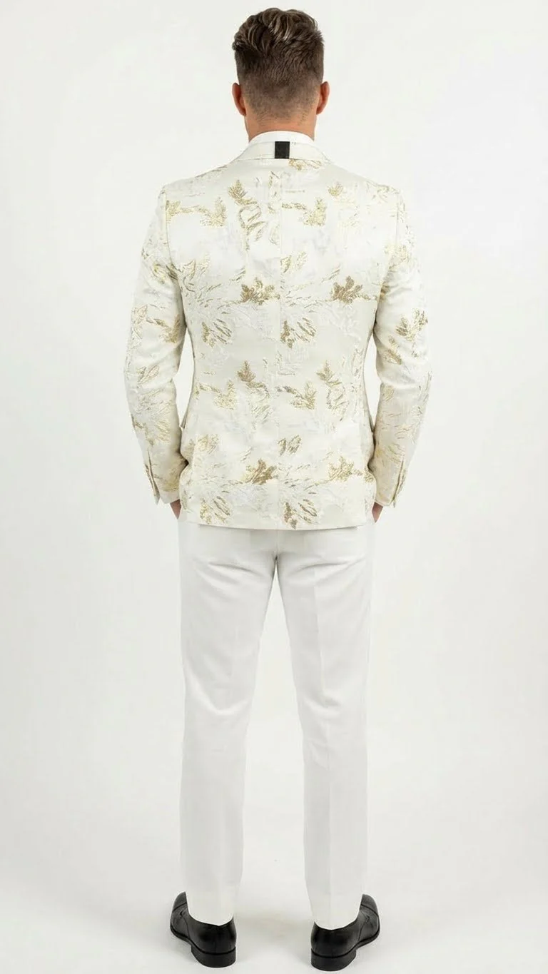 Men’s White and Gold Patterned Blazer – Paisley Floral Pattern Prom Wedding Suit Tuxedo Dinner Jacket + Bowtie - Image 2