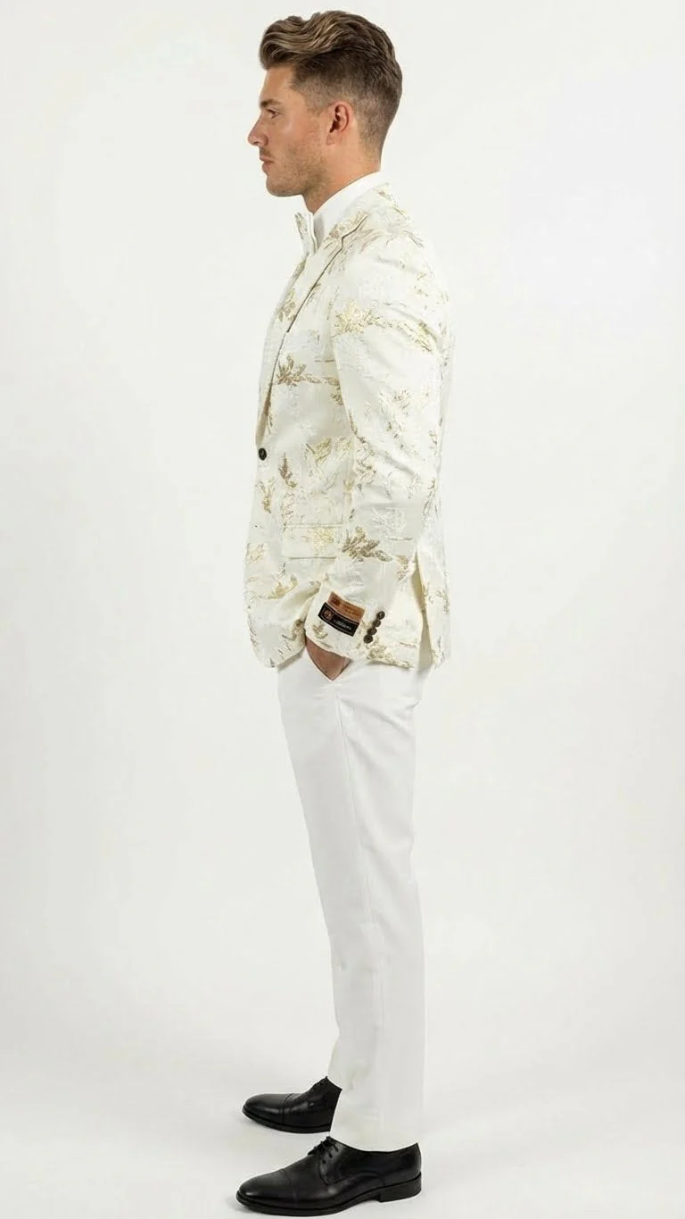 Men’s White and Gold Patterned Blazer – Paisley Floral Pattern Prom Wedding Suit Tuxedo Dinner Jacket + Bowtie - Image 3