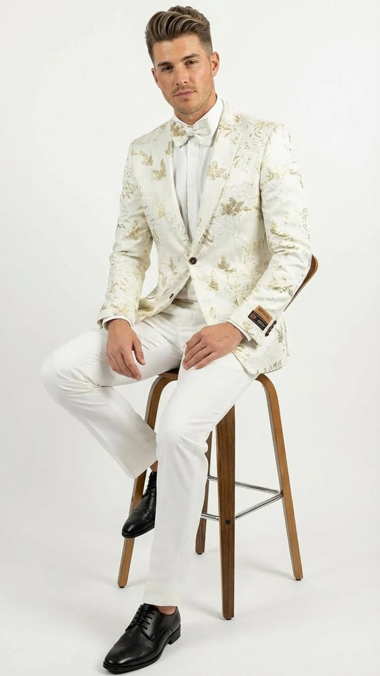 Men’s White and Gold Patterned Blazer – Paisley Floral Pattern Prom Wedding Suit Tuxedo Dinner Jacket + Bowtie - Image 4