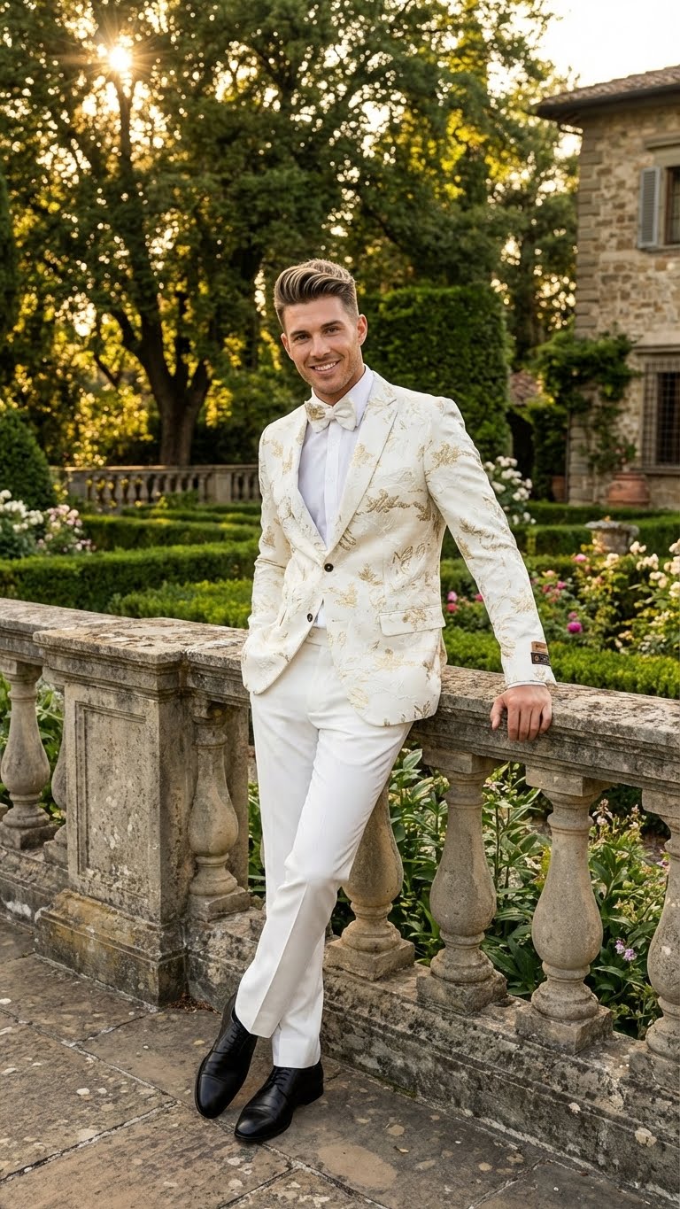 Men’s White and Gold Patterned Blazer – Paisley Floral Pattern Prom Wedding Suit Tuxedo Dinner Jacket + Bowtie - Image 5