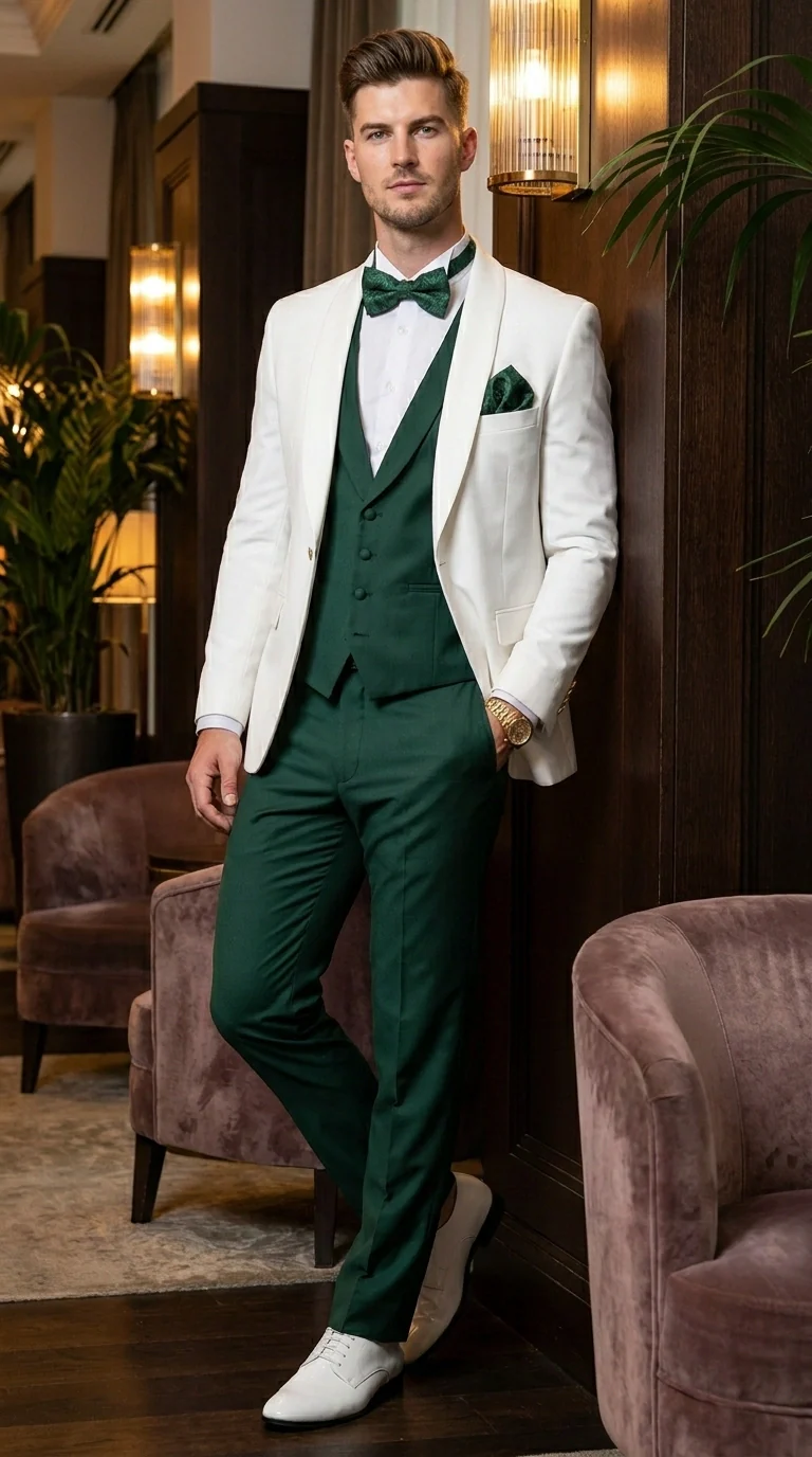 Men’s White and Hunter Green 3 Piece Suit – Elegant Formal Suit with Vest, Wedding Tuxedo Suit for Prom and Party Wear - Image 10