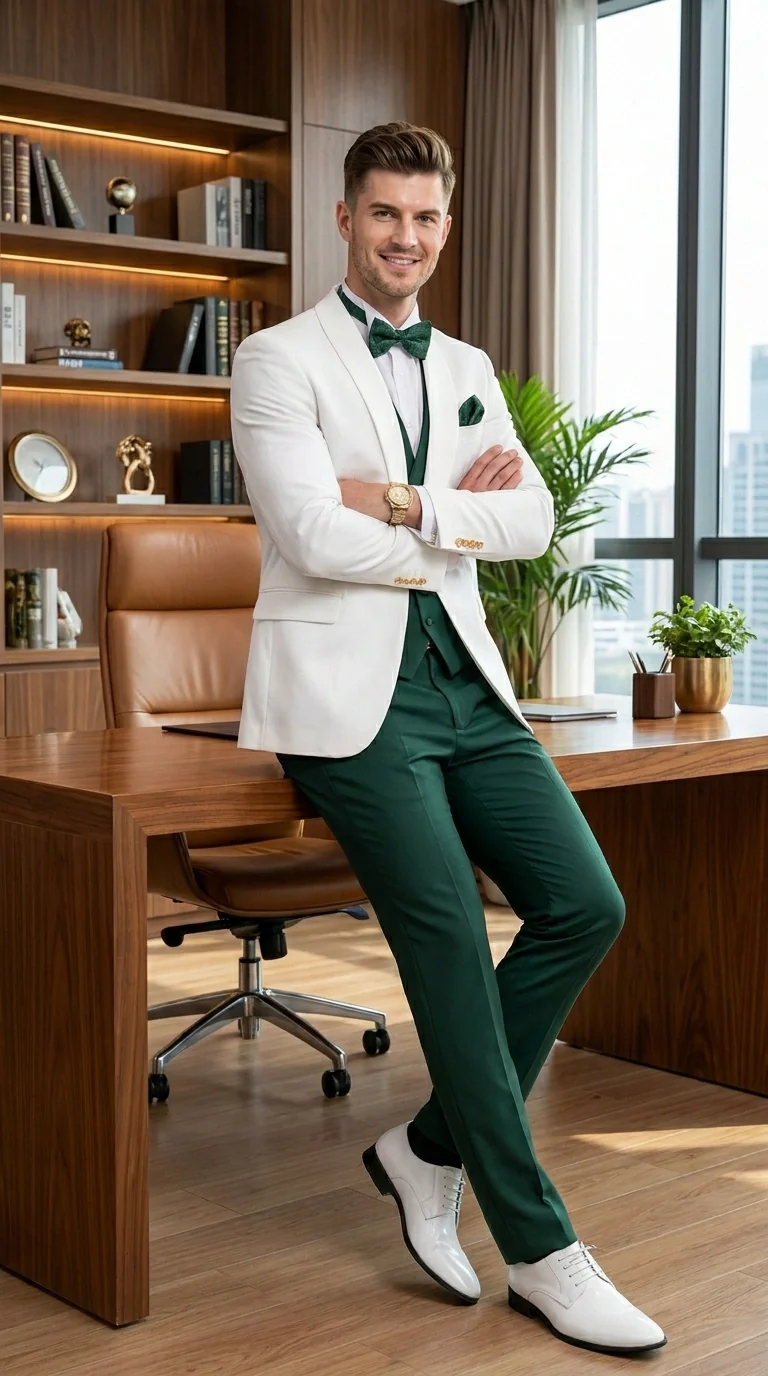 Men’s White and Hunter Green 3 Piece Suit – Elegant Formal Suit with Vest, Wedding Tuxedo Suit for Prom and Party Wear - Image 11