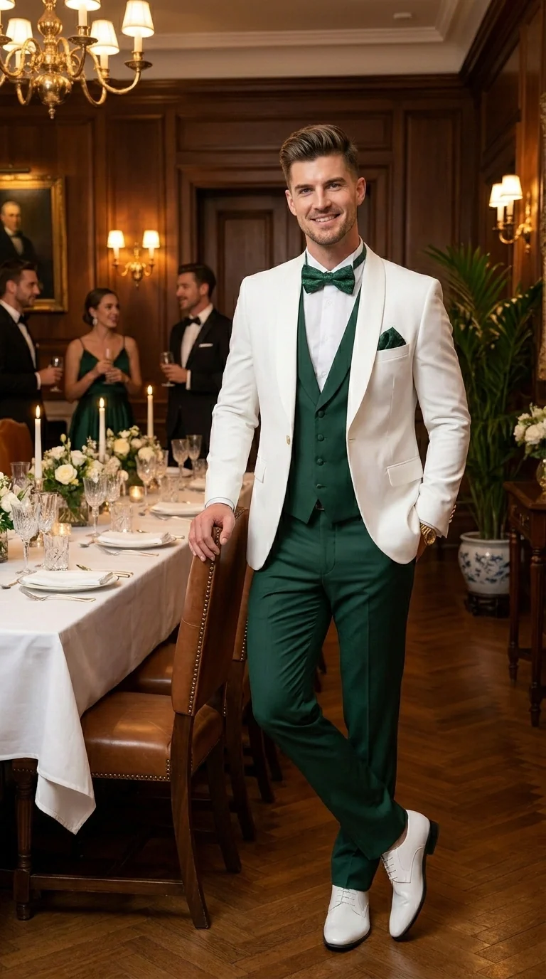 Men’s White and Hunter Green 3 Piece Suit – Elegant Formal Suit with Vest, Wedding Tuxedo Suit for Prom and Party Wear - Image 12