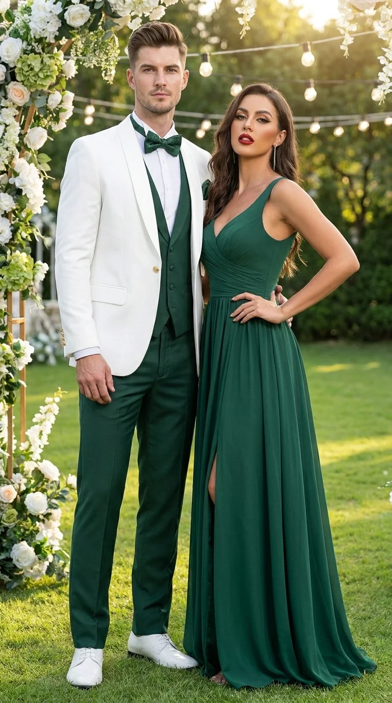 Men’s White and Hunter Green 3 Piece Suit – Elegant Formal Suit with Vest, Wedding Tuxedo Suit for Prom and Party Wear - Image 13