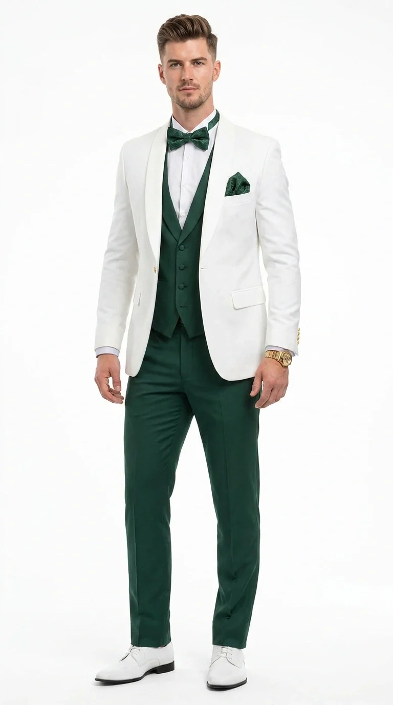 Men’s White and Hunter Green 3 Piece Suit – Elegant Formal Suit with Vest, Wedding Tuxedo Suit for Prom and Party Wear - Image 2