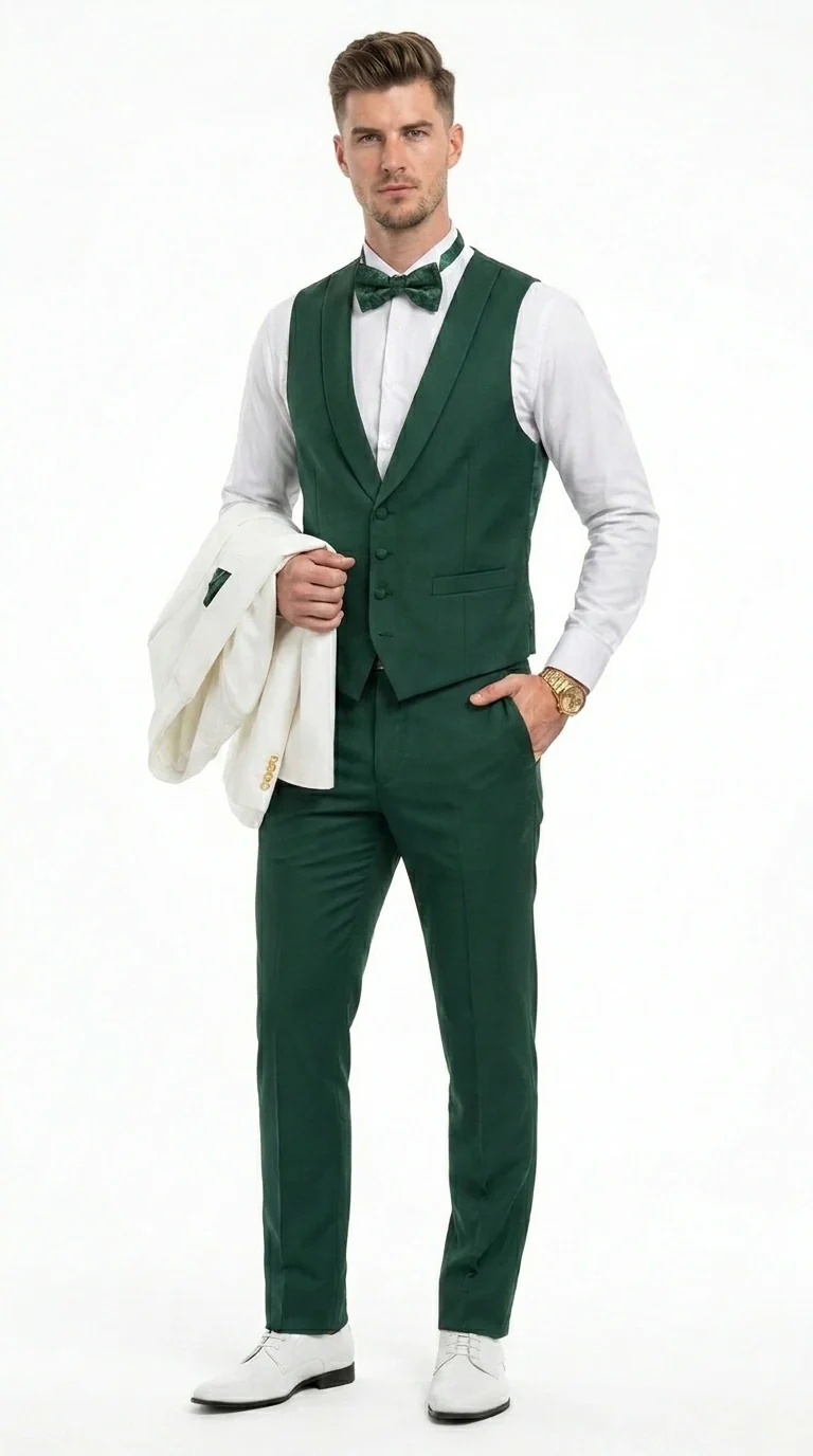 Men’s White and Hunter Green 3 Piece Suit – Elegant Formal Suit with Vest, Wedding Tuxedo Suit for Prom and Party Wear - Image 4