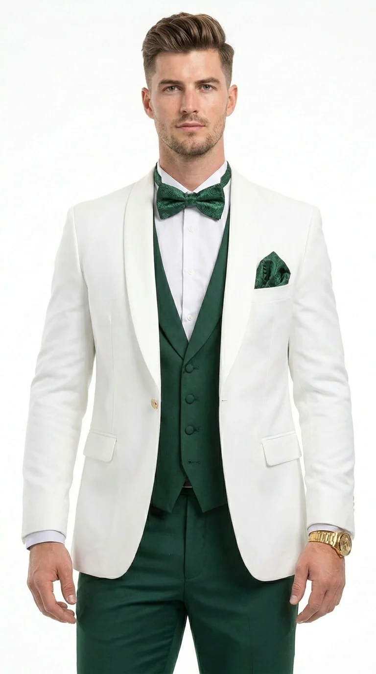 Men’s White and Hunter Green 3 Piece Suit – Elegant Formal Suit with Vest, Wedding Tuxedo Suit for Prom and Party Wear - Image 5