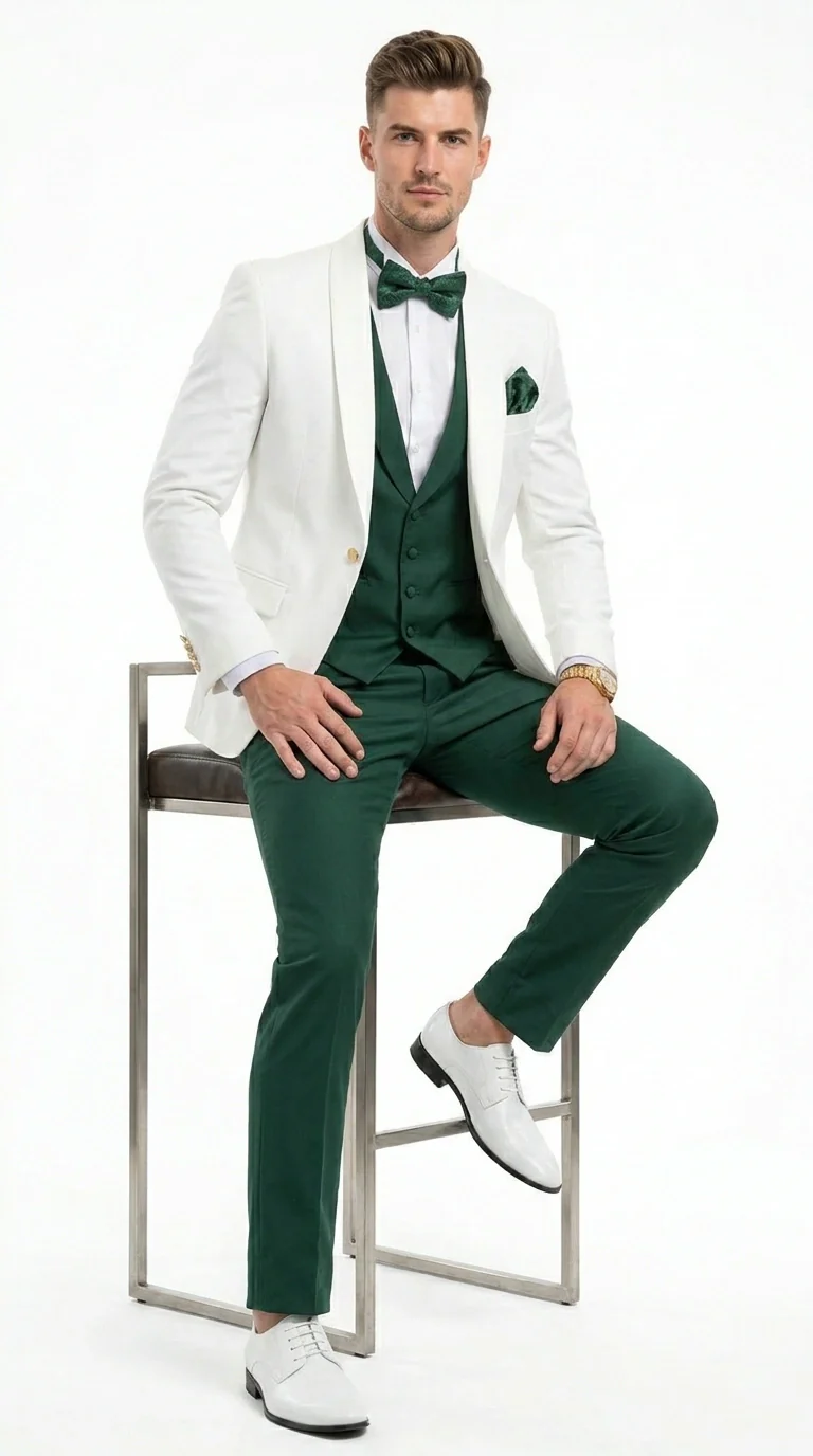 Men’s White and Hunter Green 3 Piece Suit – Elegant Formal Suit with Vest, Wedding Tuxedo Suit for Prom and Party Wear - Image 6
