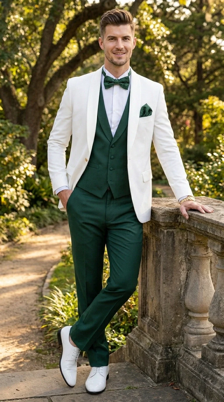 Men’s White and Hunter Green 3 Piece Suit – Elegant Formal Suit with Vest, Wedding Tuxedo Suit for Prom and Party Wear - Image 7