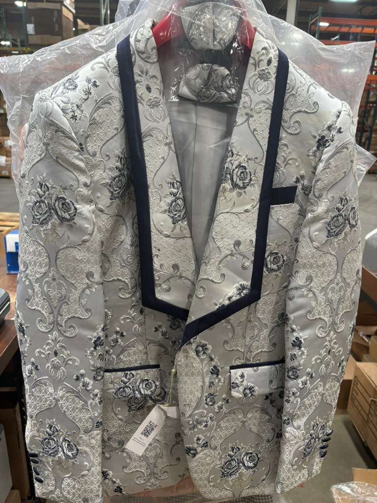Men’s White and Navy Blue Lapel  Floral Jacquard Blazer with Contrast Shawl Lapel – Luxury Wedding and Party Wear Jacket paisley Tuxedo Navy Pants - Image 10
