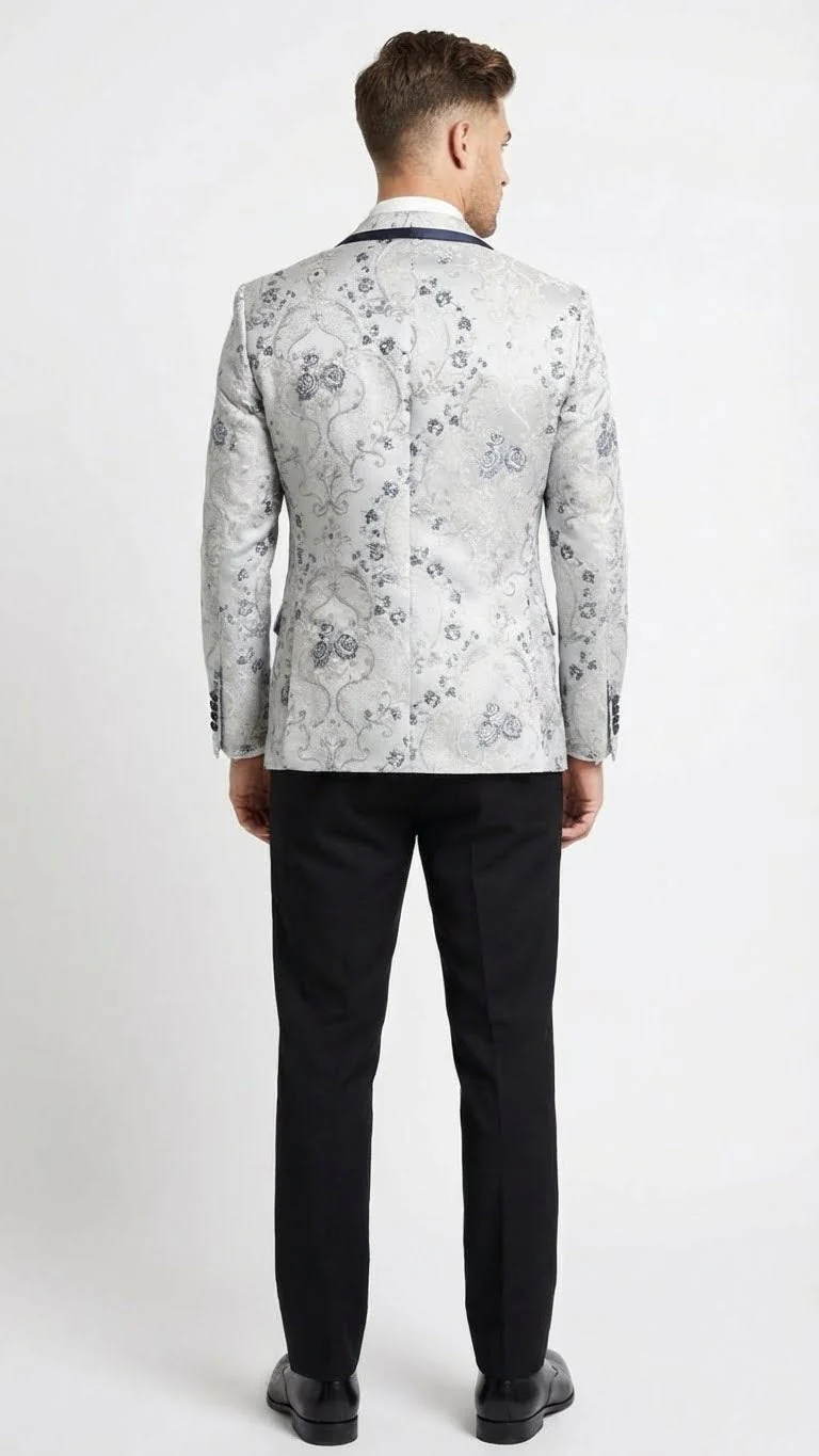 Men’s White and Navy Blue Lapel  Floral Jacquard Blazer with Contrast Shawl Lapel – Luxury Wedding and Party Wear Jacket paisley Tuxedo Navy Pants - Image 2