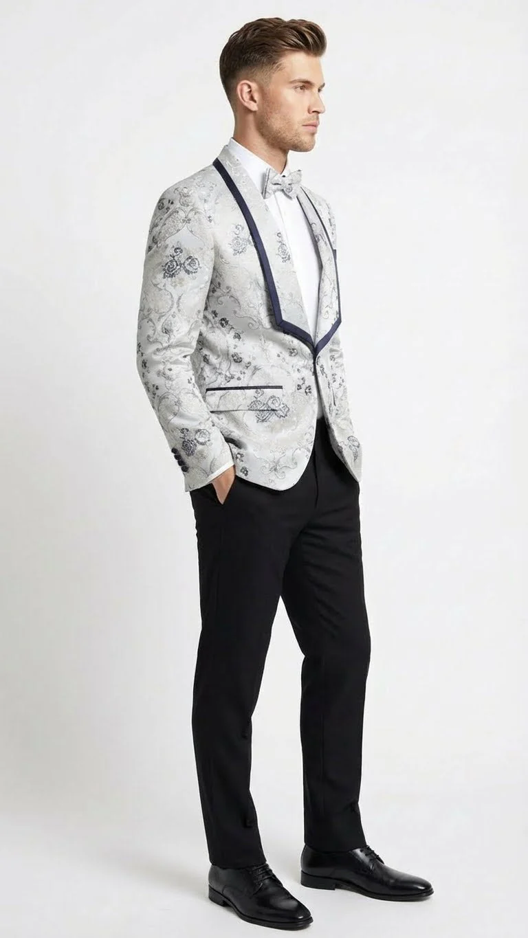 Men’s White and Navy Blue Lapel  Floral Jacquard Blazer with Contrast Shawl Lapel – Luxury Wedding and Party Wear Jacket paisley Tuxedo Navy Pants - Image 3