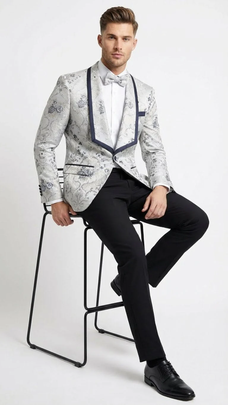 Men’s White and Navy Blue Lapel  Floral Jacquard Blazer with Contrast Shawl Lapel – Luxury Wedding and Party Wear Jacket paisley Tuxedo Navy Pants - Image 4