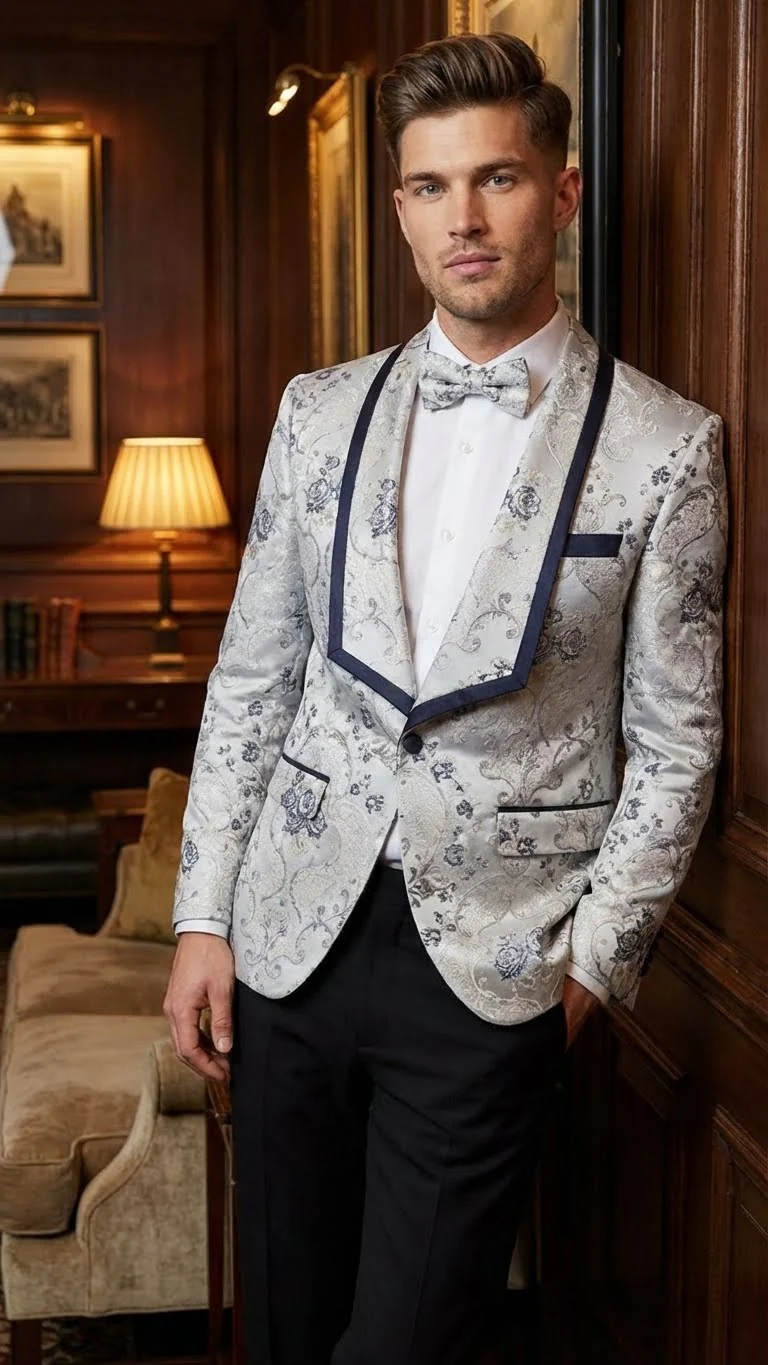 Men’s White and Navy Blue Lapel  Floral Jacquard Blazer with Contrast Shawl Lapel – Luxury Wedding and Party Wear Jacket paisley Tuxedo Navy Pants - Image 5