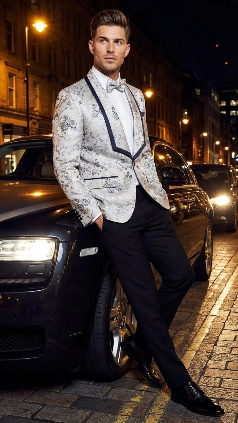Men’s White and Navy Blue Lapel  Floral Jacquard Blazer with Contrast Shawl Lapel – Luxury Wedding and Party Wear Jacket paisley Tuxedo Navy Pants - Image 6