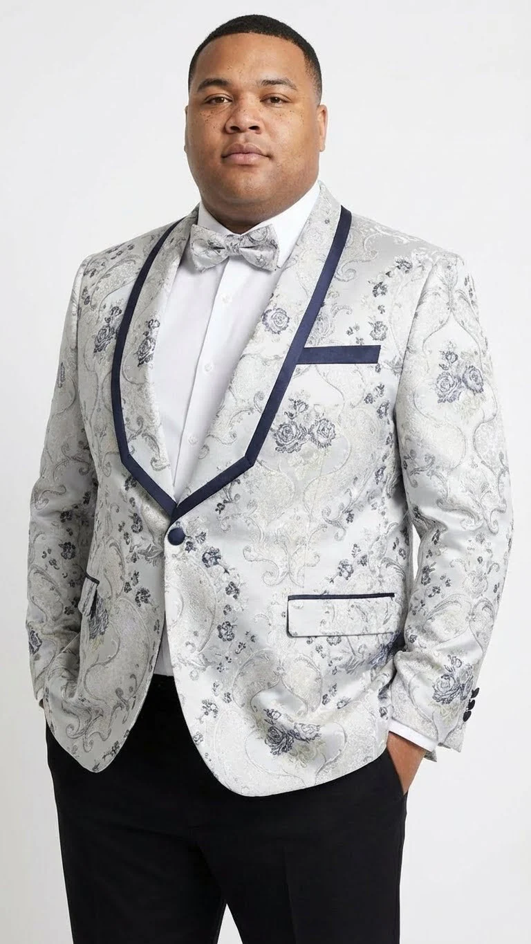 Men’s White and Navy Blue Lapel  Floral Jacquard Blazer with Contrast Shawl Lapel – Luxury Wedding and Party Wear Jacket paisley Tuxedo Navy Pants - Image 7