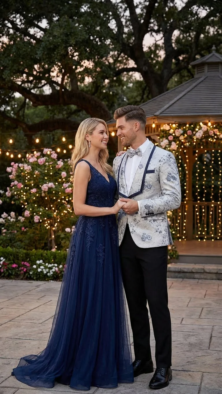 Men’s White and Navy Blue Lapel  Floral Jacquard Blazer with Contrast Shawl Lapel – Luxury Wedding and Party Wear Jacket paisley Tuxedo Navy Pants - Image 8