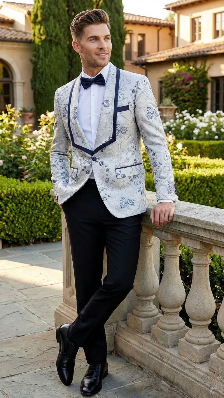 Men’s White and Navy Blue Lapel  Floral Jacquard Blazer with Contrast Shawl Lapel – Luxury Wedding and Party Wear Jacket paisley Tuxedo Navy Pants - Image 9
