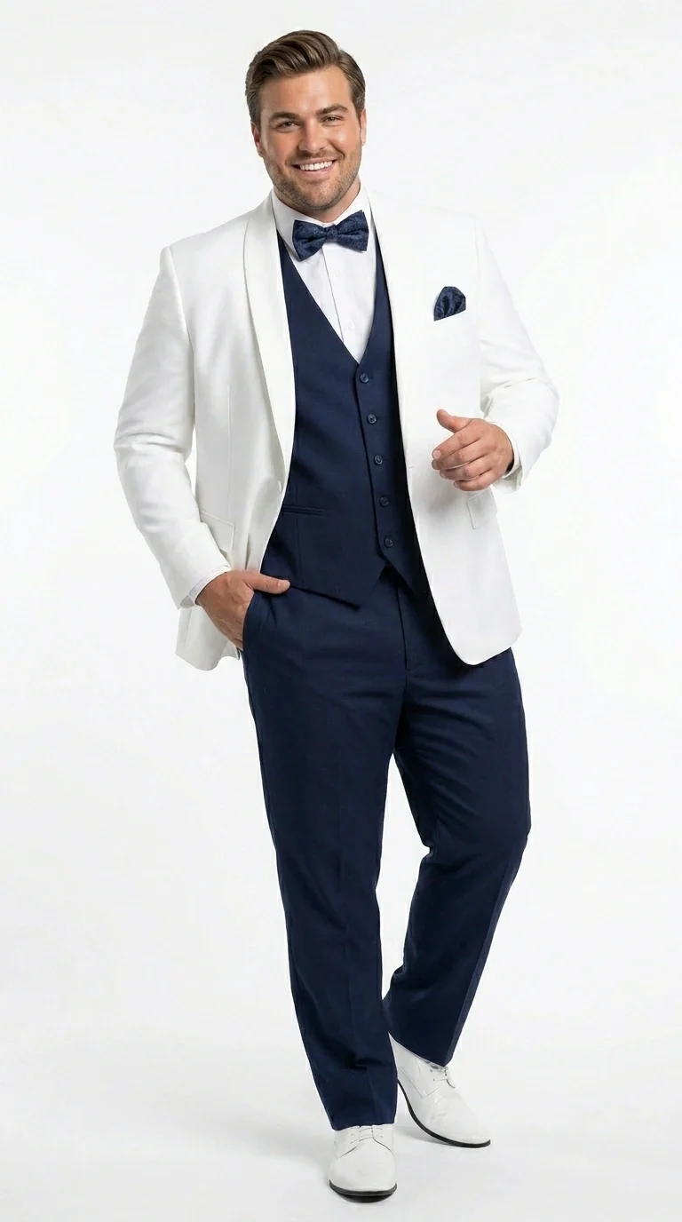 Men’s White and Navy blue tuxedo  3 Piece Suit – Classic White Blazer with Navy Vest and Pants for Wedding, Party + Bowtie - Image 11