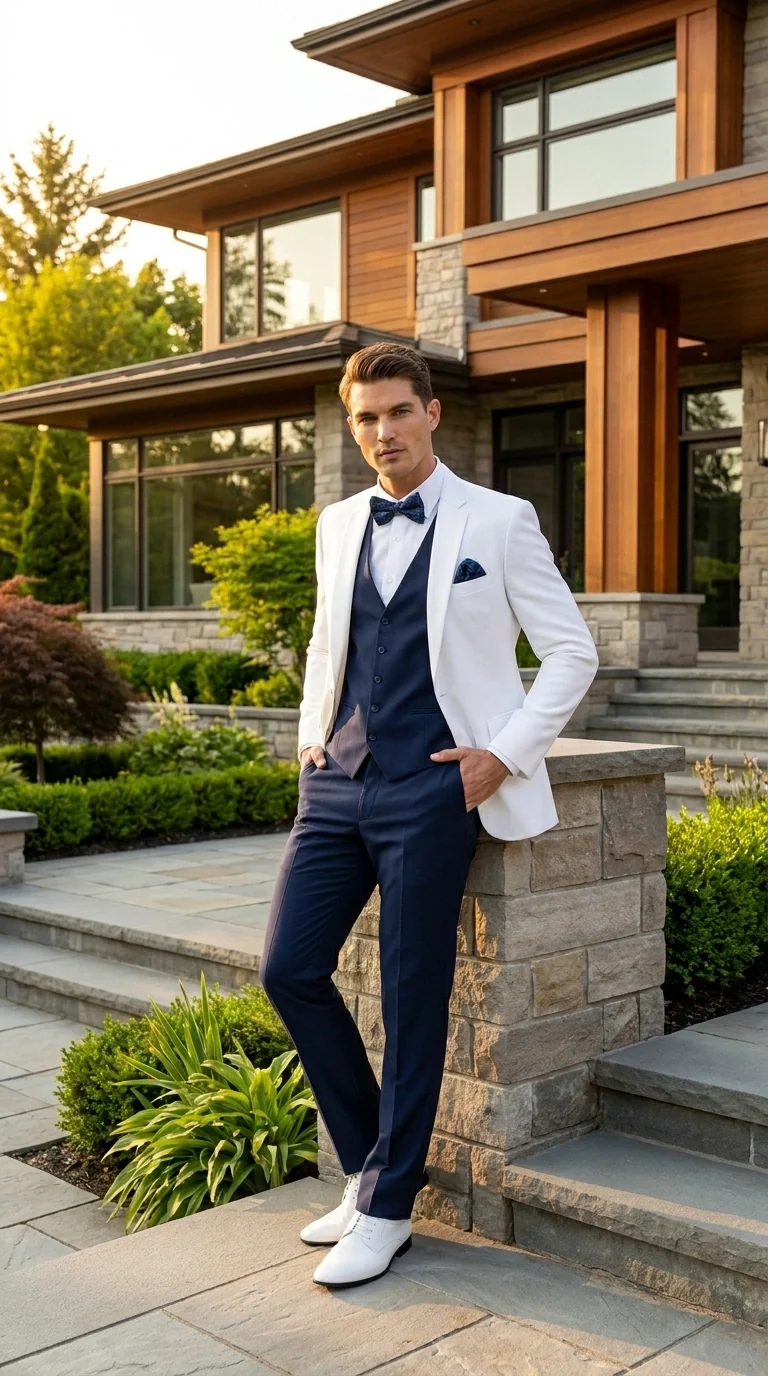 Men’s White and Navy blue tuxedo  3 Piece Suit – Classic White Blazer with Navy Vest and Pants for Wedding, Party + Bowtie - Image 12