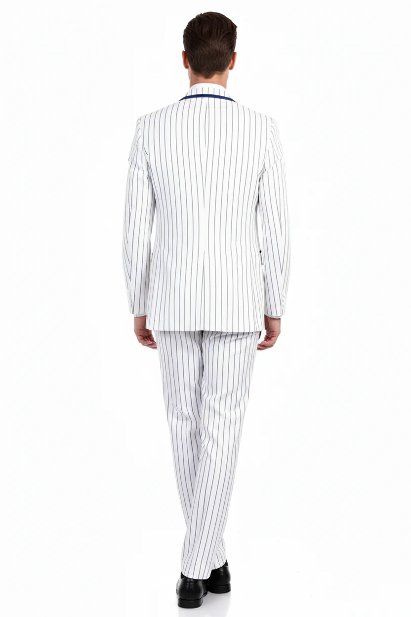 Men’s White and Royal Blue Pinstripe 3-Piece Suit – Classic Fit Blazer with Vest, Pants, and Tie - Image 2