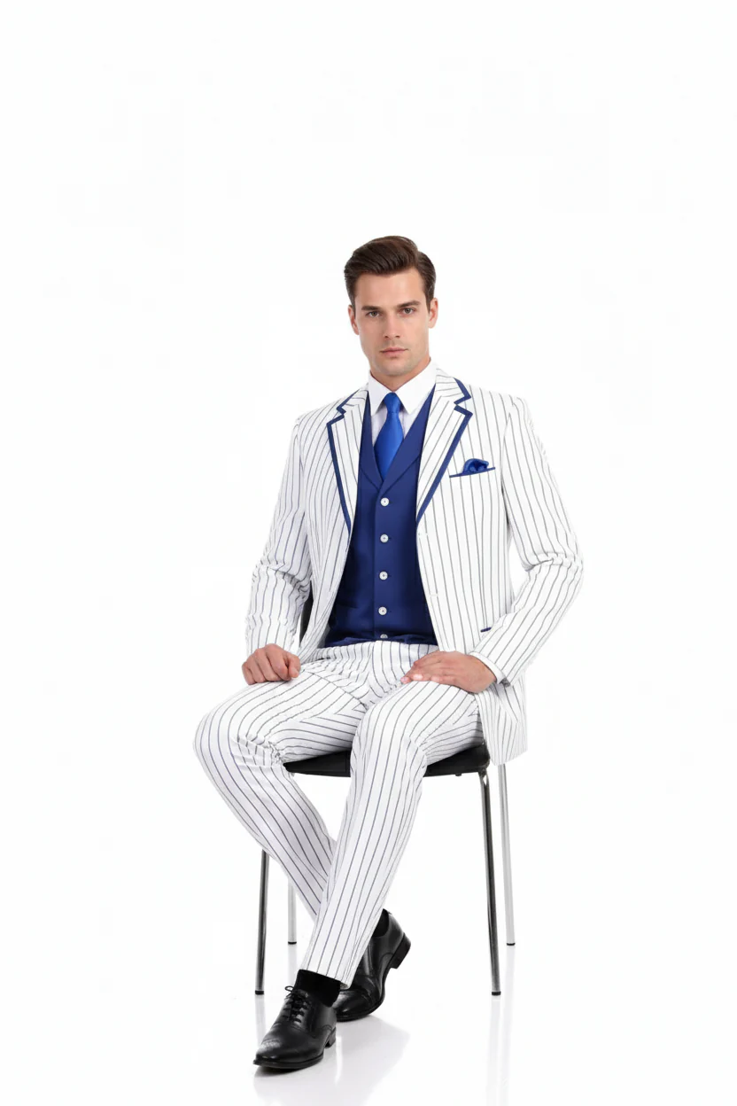 Men’s White and Royal Blue Pinstripe 3-Piece Suit – Classic Fit Blazer with Vest, Pants, and Tie - Image 3