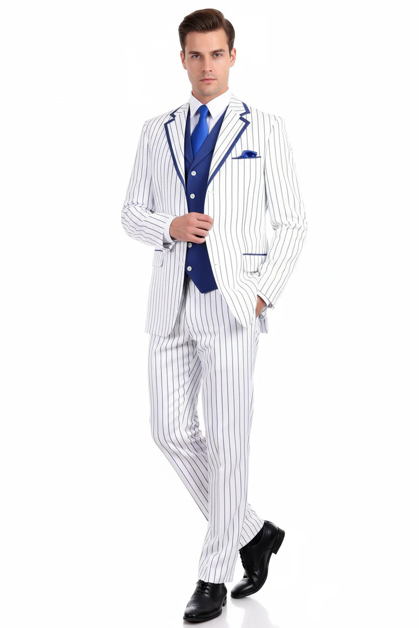 Men’s White and Royal Blue Pinstripe 3-Piece Suit – Classic Fit Blazer with Vest, Pants, and Tie - Image 4