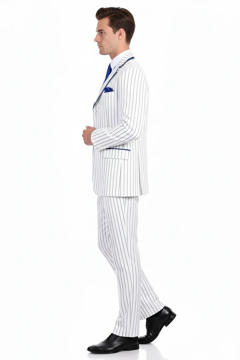 Men’s White and Royal Blue Pinstripe 3-Piece Suit – Classic Fit Blazer with Vest, Pants, and Tie - Image 5