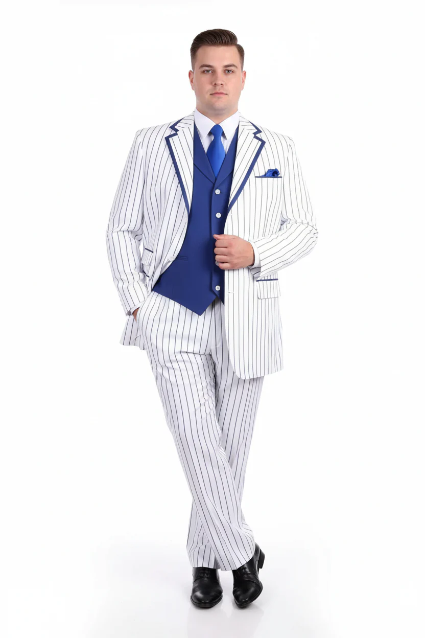 Men’s White and Royal Blue Pinstripe 3-Piece Suit – Classic Fit Blazer with Vest, Pants, and Tie - Image 6