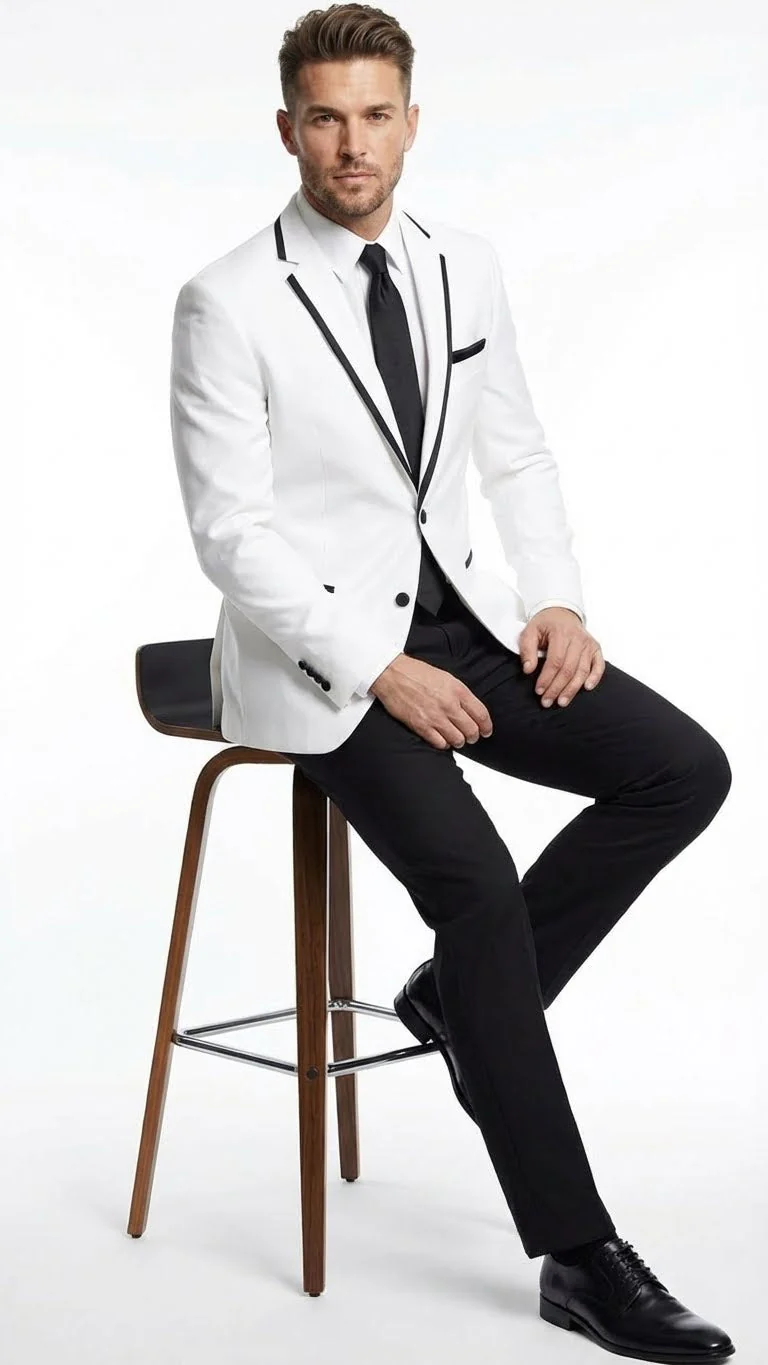 Men’s White Blazer with Black Trim | Wedding and Party Formal Blazer Jacket - White Tuxedo Prom Jacket - Image 5