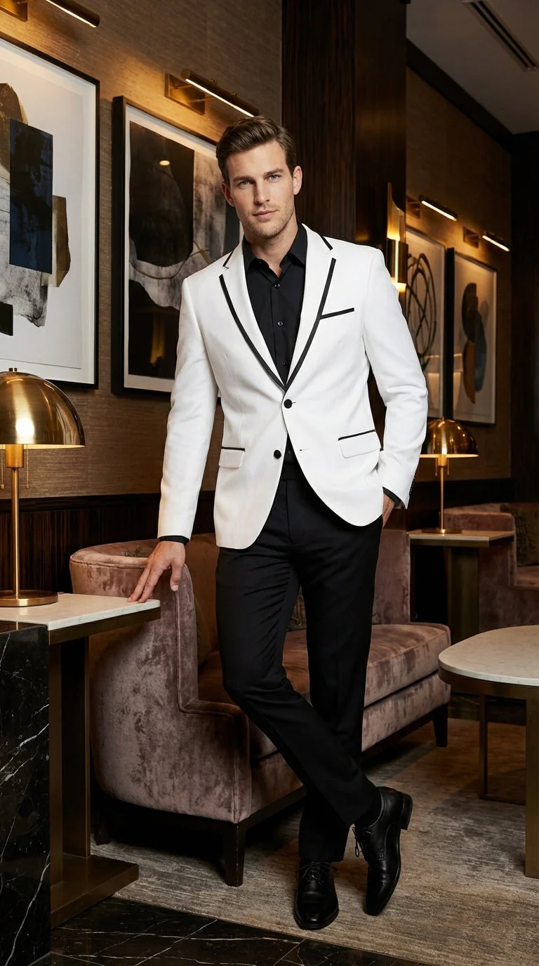 Men’s White Disco Blazer 70s Era Costume Jacket – Black Trim Retro Party Blazer, Vintage Dance Outfit, Stylish Evening Themed Wear - Image 10