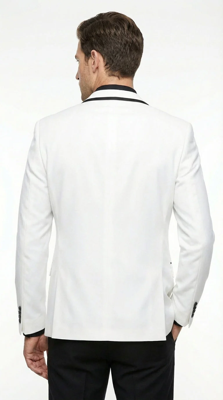 Men’s White Disco Blazer 70s Era Costume Jacket – Black Trim Retro Party Blazer, Vintage Dance Outfit, Stylish Evening Themed Wear - Image 2