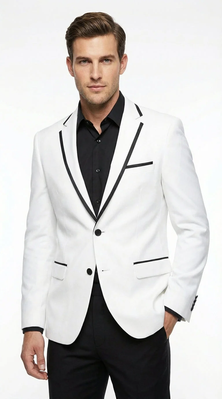 Men’s White Disco Blazer 70s Era Costume Jacket – Black Trim Retro Party Blazer, Vintage Dance Outfit, Stylish Evening Themed Wear - Image 3