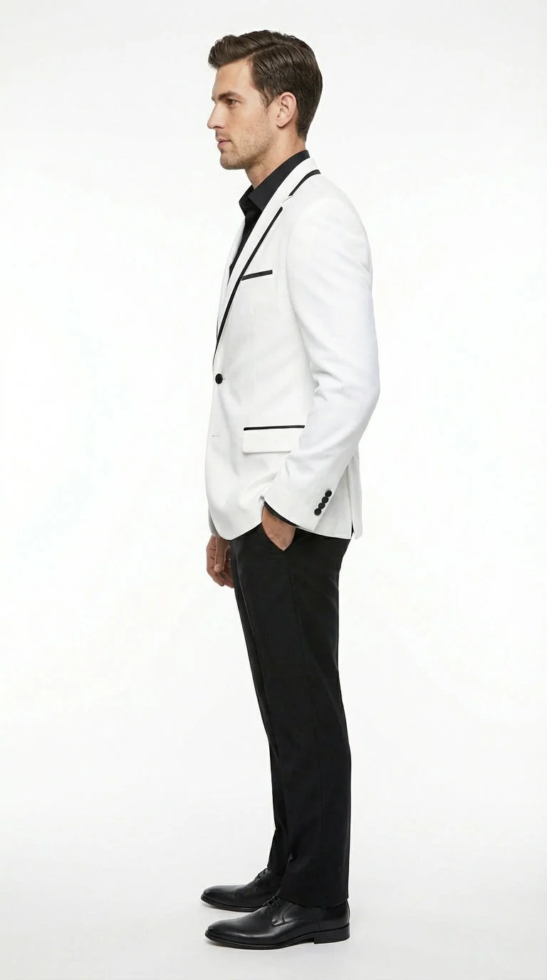 Men’s White Disco Blazer 70s Era Costume Jacket – Black Trim Retro Party Blazer, Vintage Dance Outfit, Stylish Evening Themed Wear - Image 4