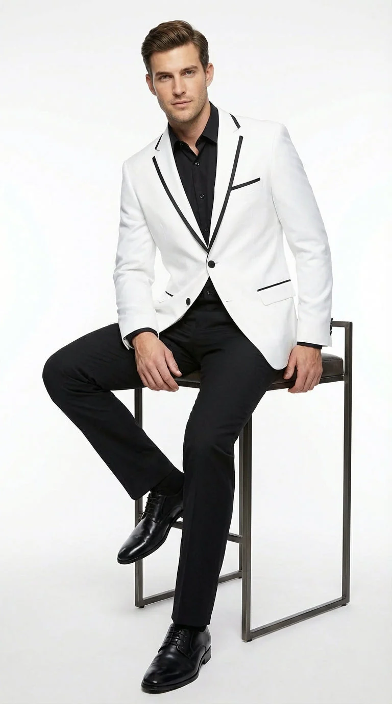 Men’s White Disco Blazer 70s Era Costume Jacket – Black Trim Retro Party Blazer, Vintage Dance Outfit, Stylish Evening Themed Wear - Image 5