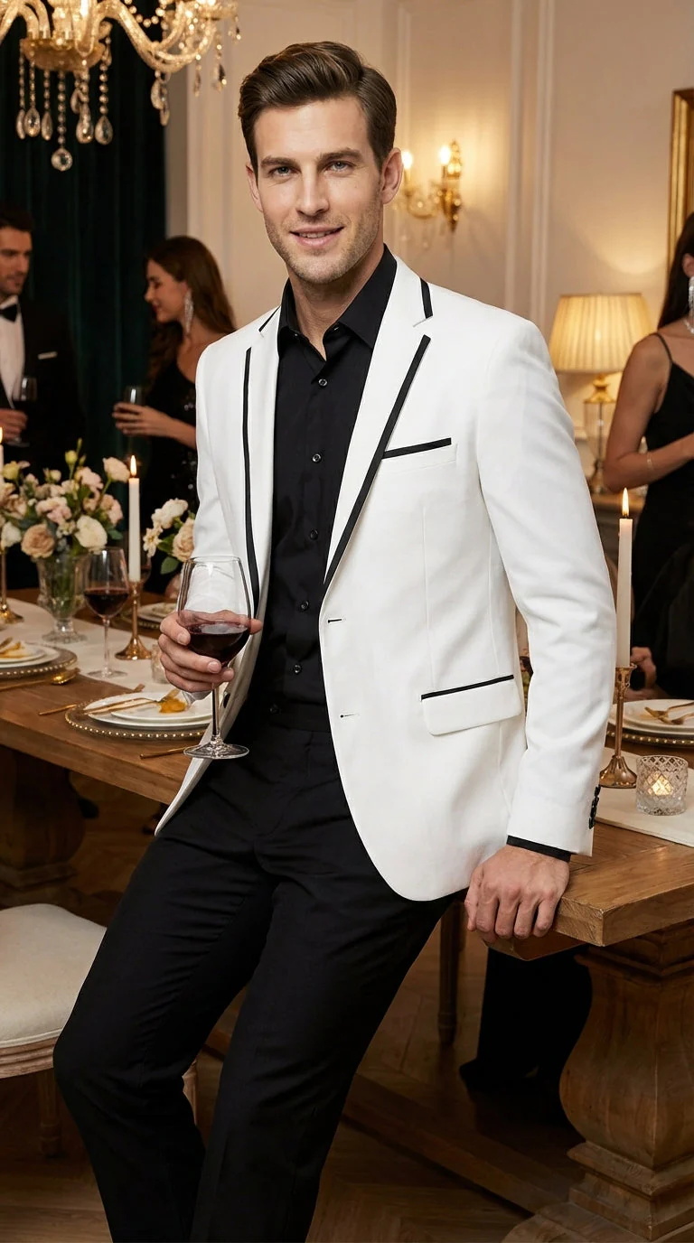 Men’s White Disco Blazer 70s Era Costume Jacket – Black Trim Retro Party Blazer, Vintage Dance Outfit, Stylish Evening Themed Wear - Image 8