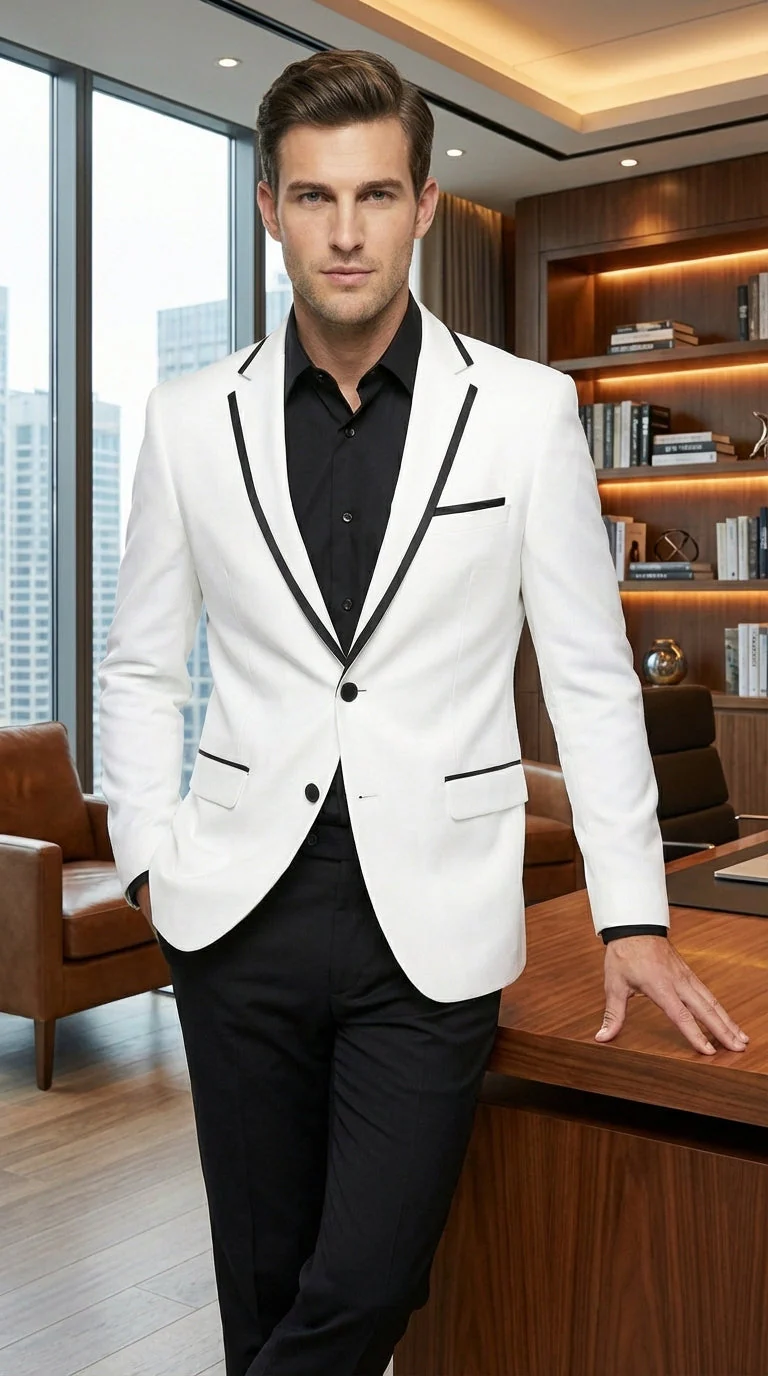 Men’s White Disco Blazer 70s Era Costume Jacket – Black Trim Retro Party Blazer, Vintage Dance Outfit, Stylish Evening Themed Wear - Image 9