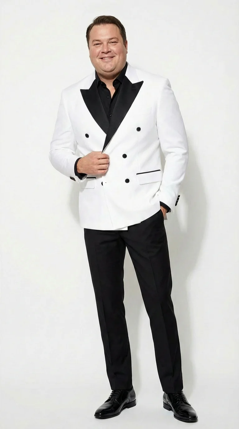 Men’s White Double Breasted Blazer Tuxedo Dinner Jacket with Black Satin Lapel White and Black Color - Image 2