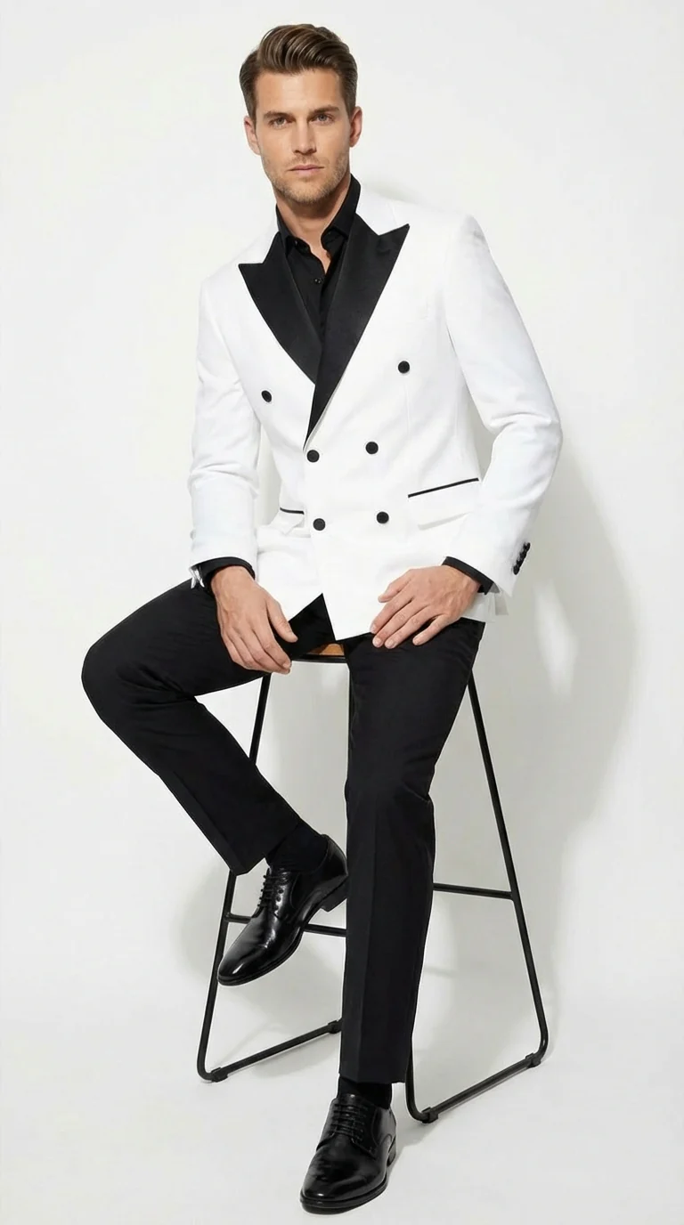 Men’s White Double Breasted Blazer Tuxedo Dinner Jacket with Black Satin Lapel White and Black Color - Image 3
