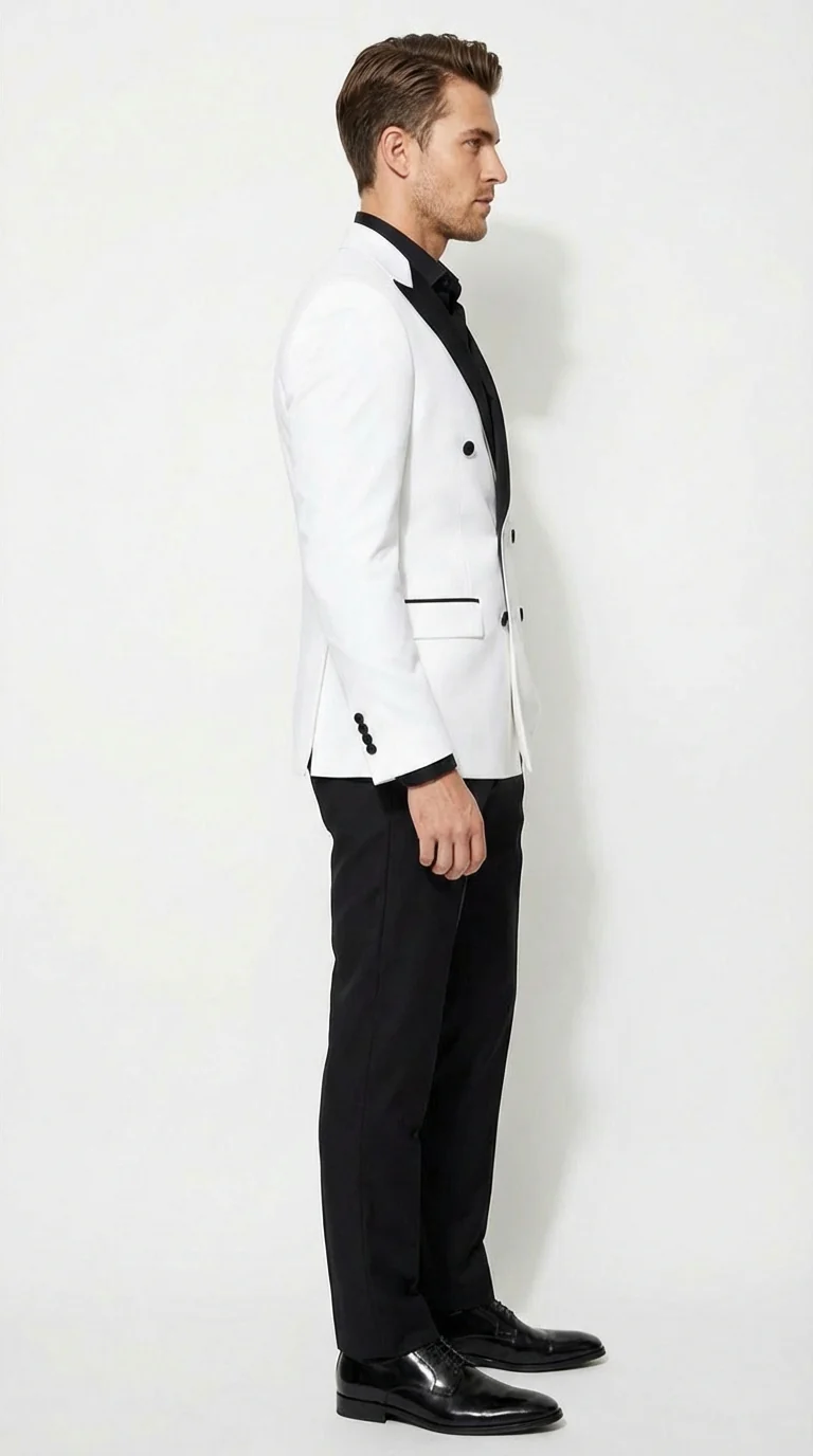 Men’s White Double Breasted Blazer Tuxedo Dinner Jacket with Black Satin Lapel White and Black Color - Image 4