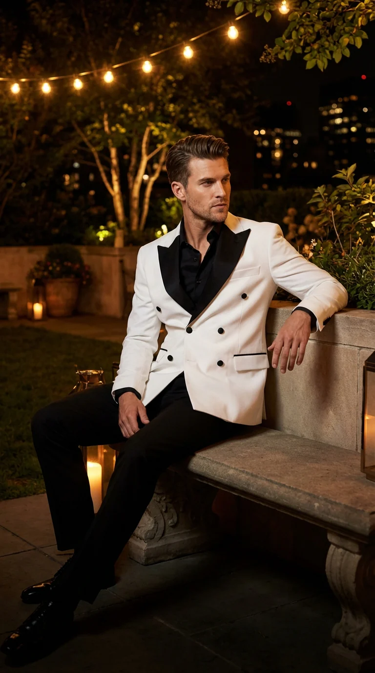 Men’s White Double Breasted Blazer Tuxedo Dinner Jacket with Black Satin Lapel White and Black Color - Image 6