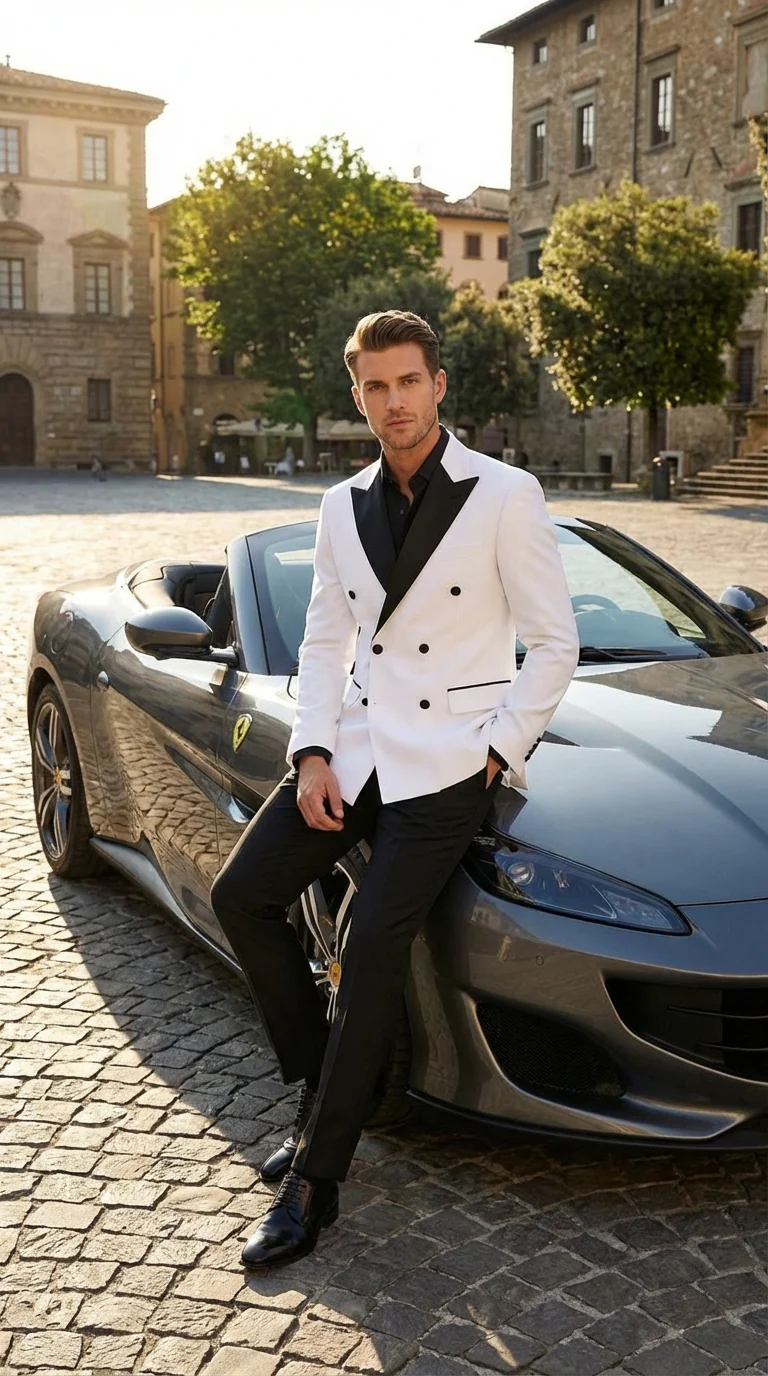 Men’s White Double Breasted Blazer Tuxedo Dinner Jacket with Black Satin Lapel White and Black Color - Image 7